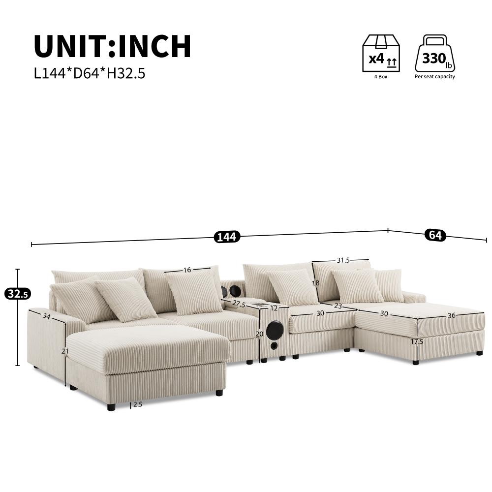 112'' Corduroy Sectional Sofa with Bluetooth Speakers, L-Shaped Couch with Console, USB Charger, Cup Holders, Storage, Ottoman, Deep and Wide Seat Cloud Sofa for Living Room & Apartment