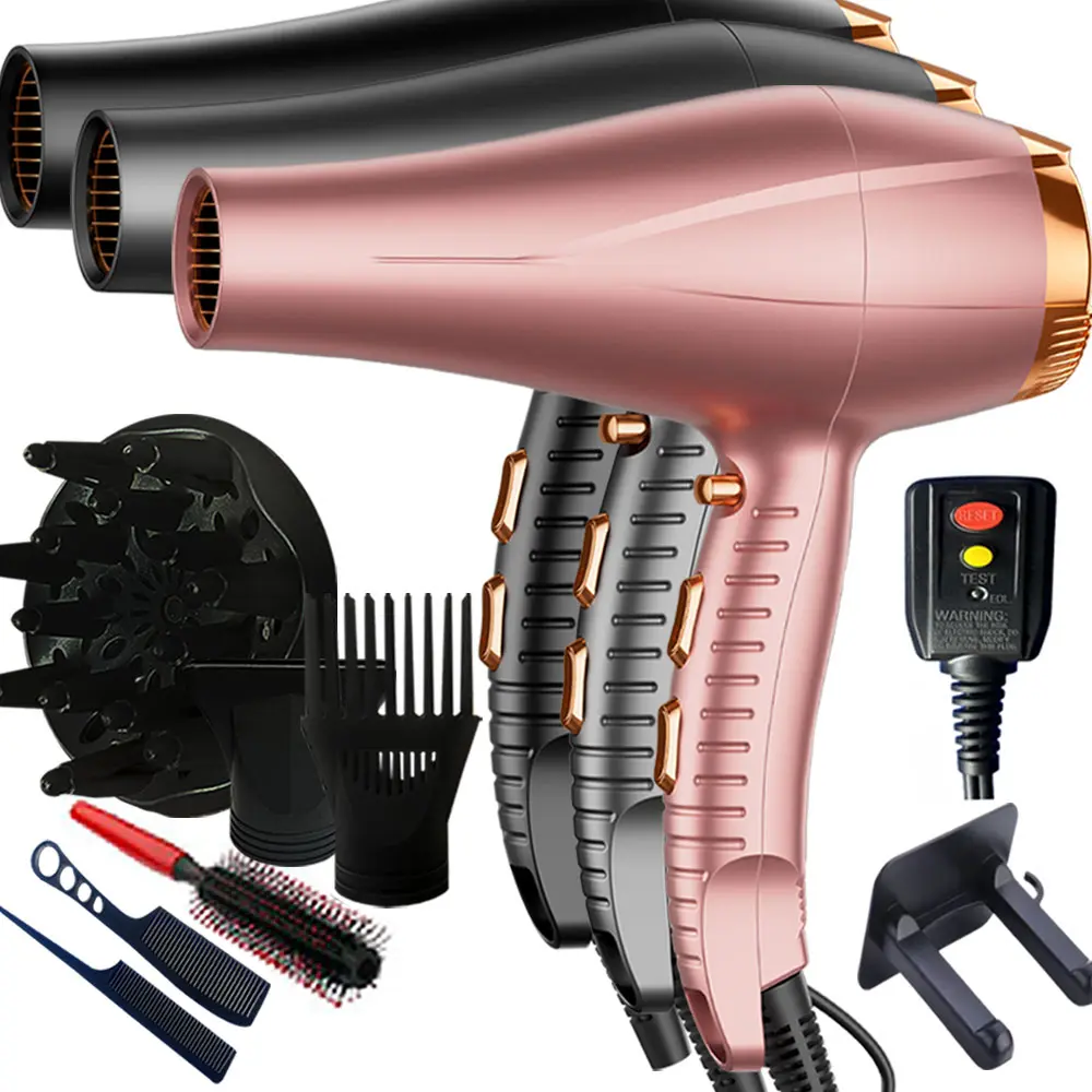 A set of flat iron and hair dryer, featuring high power and low noise levels, suitable for home use. The hair dryer is equipped with a diffuser, nozzle, wind concentrator, 3 combs, and a hanger. It is suitable for use with curly and straight hair.