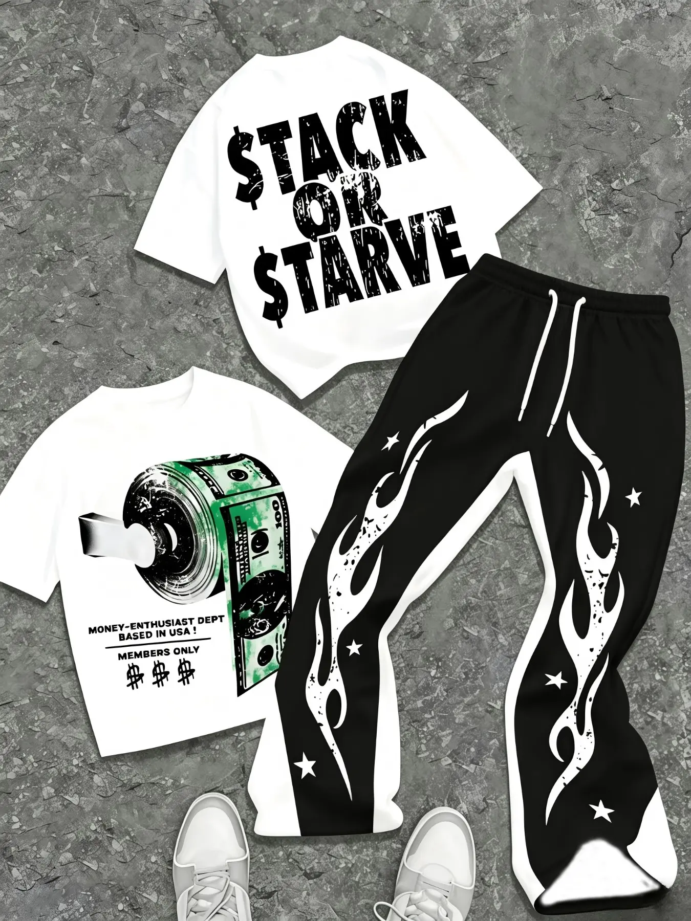 Money Theme Men’s Scimitar Pants Matching Set For Teen Guys Soft Stretch White Tee Dollar Double Print Flame Side Long Pants Skate Party LA Viral Hip Hop Co Ord