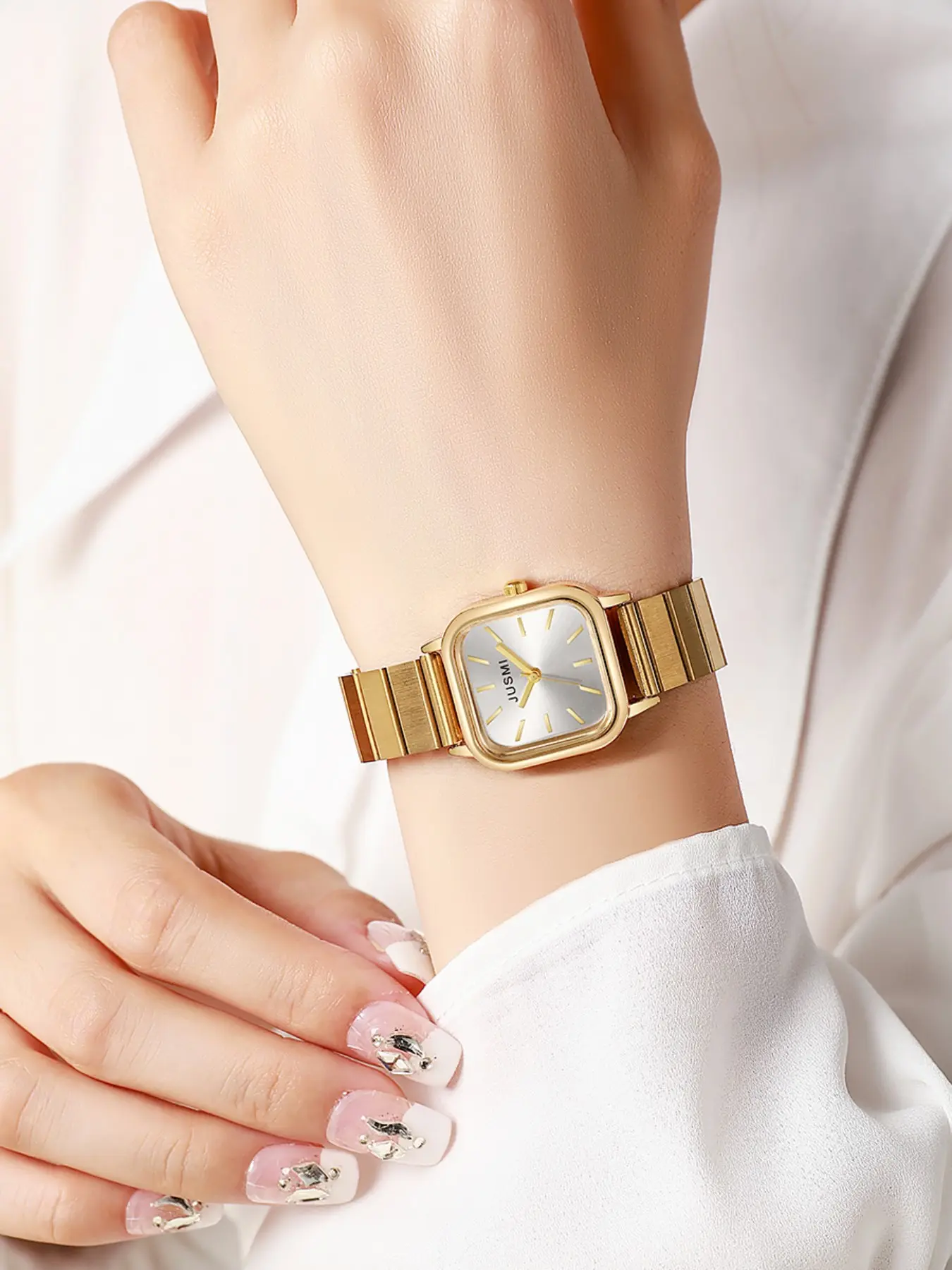 Jusmi Square Watch, Elegant Quartz Analog Watch with Stripes Dial, Metal Strap, Women's Daily Wear, All Seasons