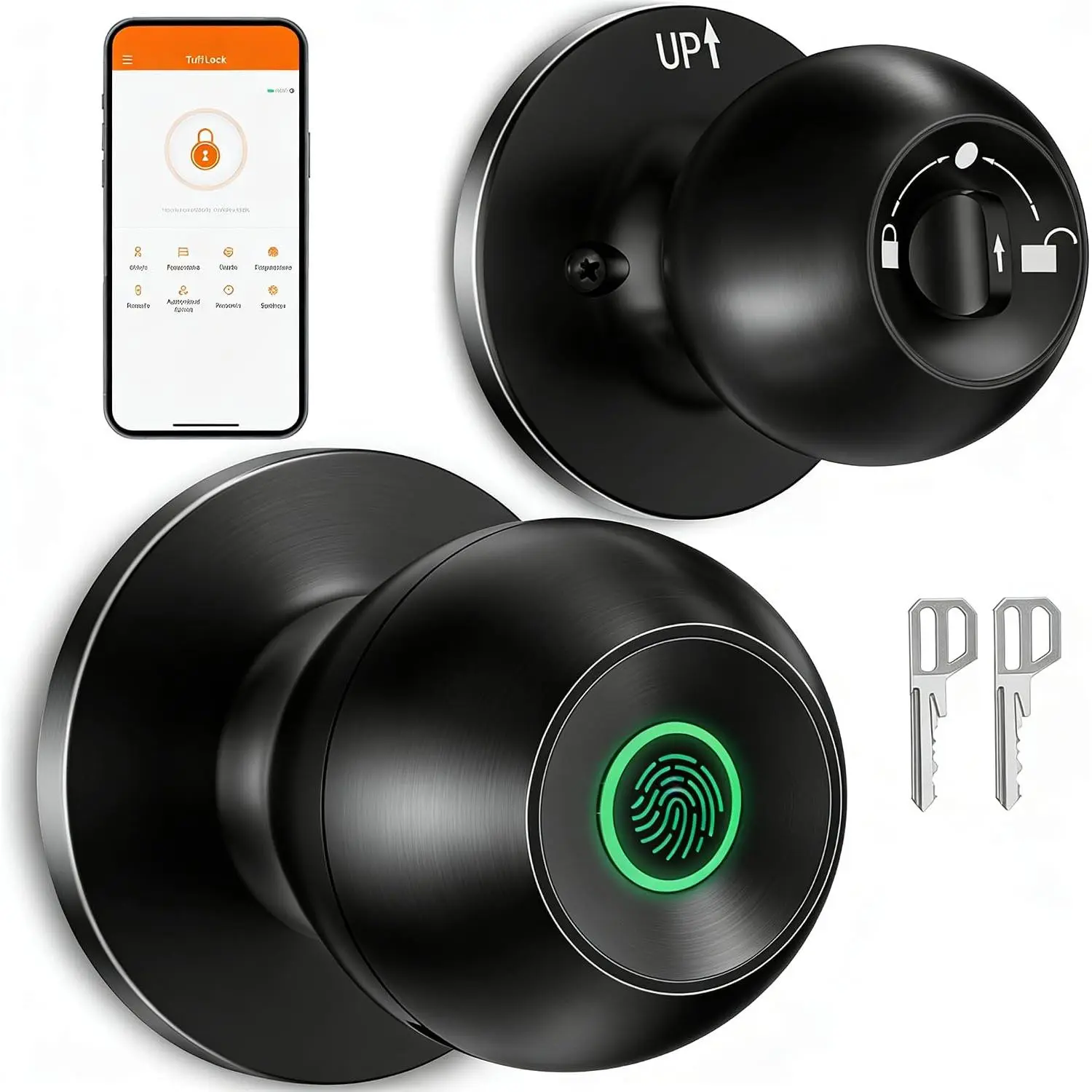 Smart Door Knob, Fingerprint Door Knob, Biometric Smart Door Lock with App Control, Metal Alloy Door Knobs, Easy Installation, Great for Bedrooms, Cloakroom, Apartments Offices,