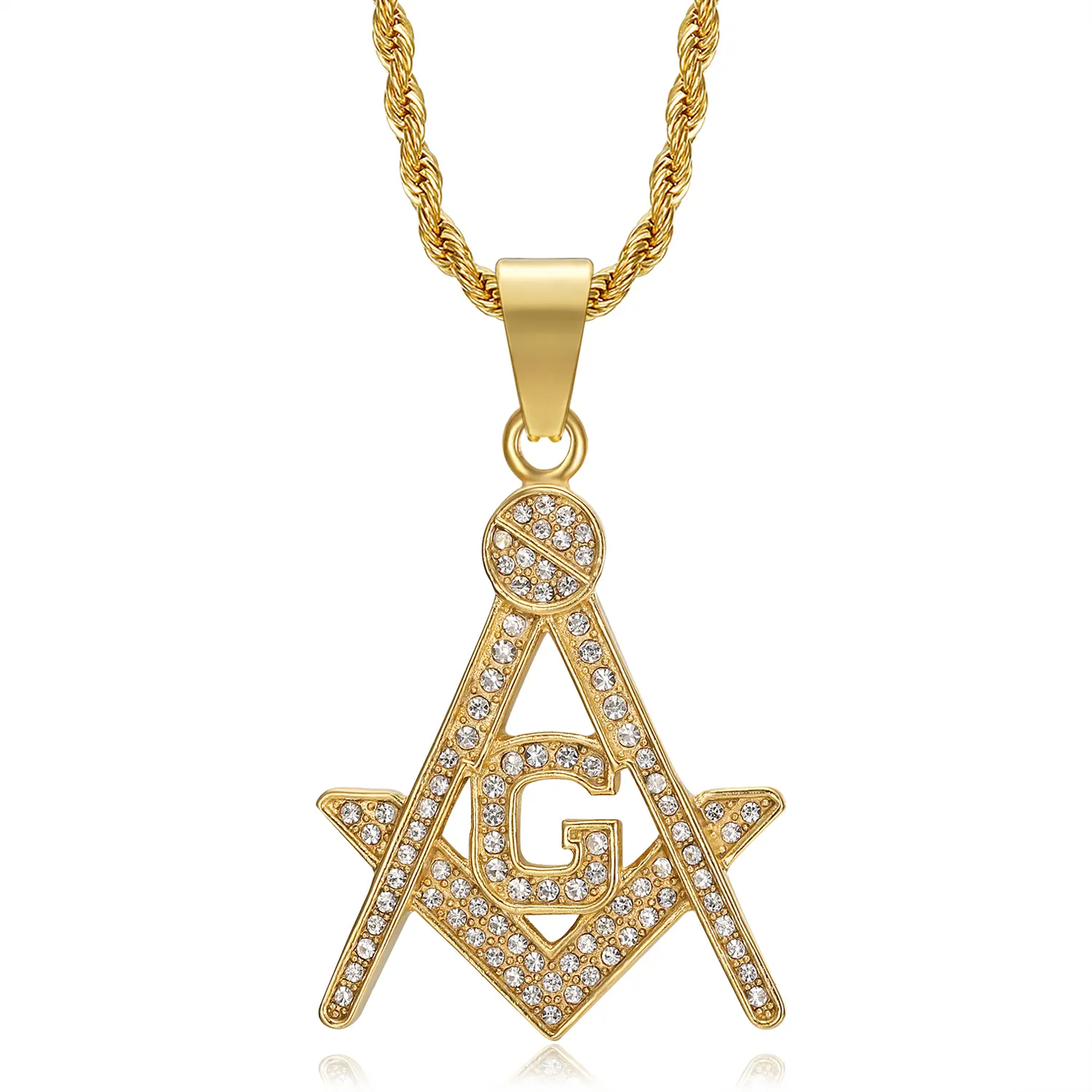 18K Gold Plated Freemason Symbol Pendant Stainless Steel Necklace for Men, 24 inch Chain Masonic Hip Hop Jewelry Gift