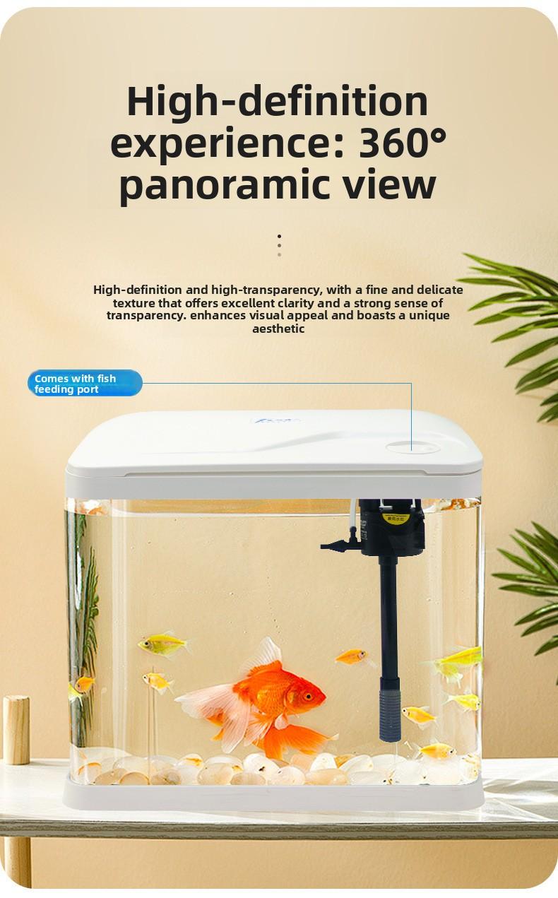 Hot Bending Ultra Clear Glass Fish Tank Self-Circulating Eco Aquarium Small Desktop For Living Room Home Decor Smart with LED Light and Filter Deshedding Brush Pets Dragon Stone Decoration