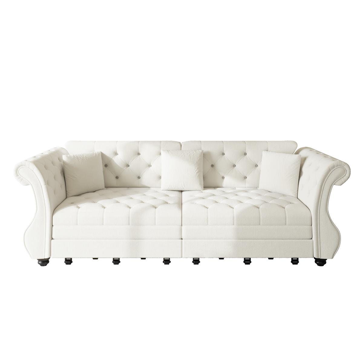 97.6" Oversized  Chesterfield Pull Out Sofa Bed, Classic Roll Arm Velvet Couch with Flower Tufting, Upholstery for Living Room/Bedroom/Apartment, Beige/White