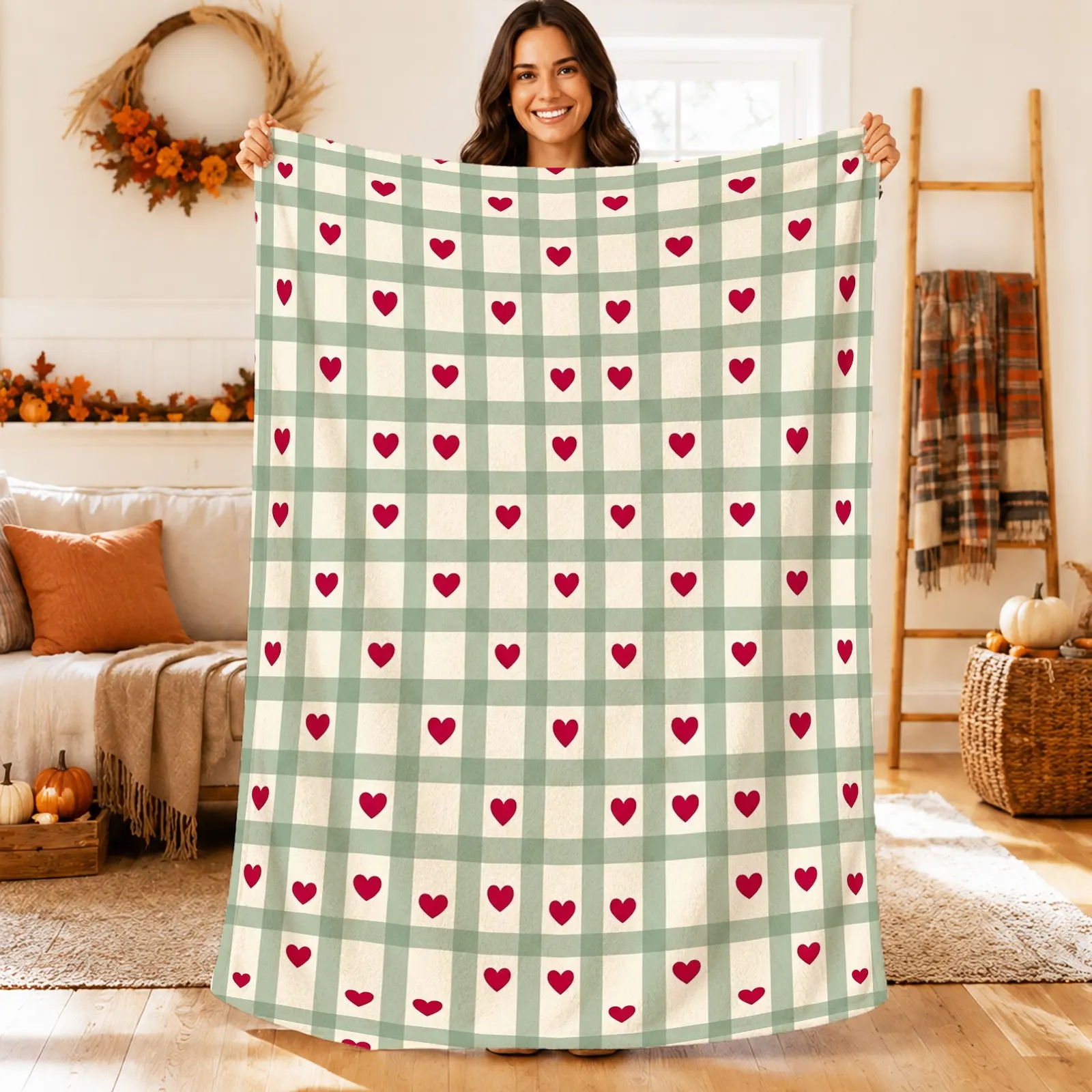 1pc Heart Checkered Blanket, Charming Cottagecore Style, Playful Red Hearts on Green and Cream Plaid Design, for Living Room Bedroom Cozy Decor and Romantic Gift