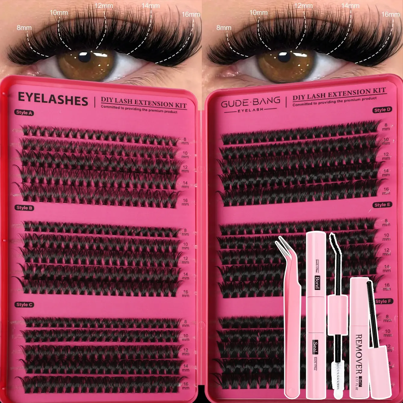 DIY False Lash Extensions Kit with Glue, Tweezers, Remover, Medium Curl, Natural and Voluminous, Mixed Lengths, Self-Assembly Cluster Lashes