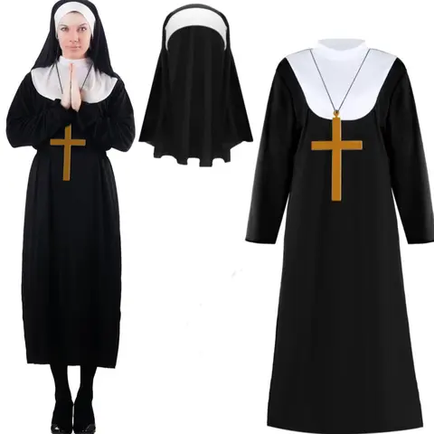Women's Full-Length Polyester Costume Dress - Lady Nun Priest Cosplay Outfit with Nun Headscarf Cross & Cross Accent Accessories, Virgin Mary Robe for Halloween Parties, Adult Menswear Option