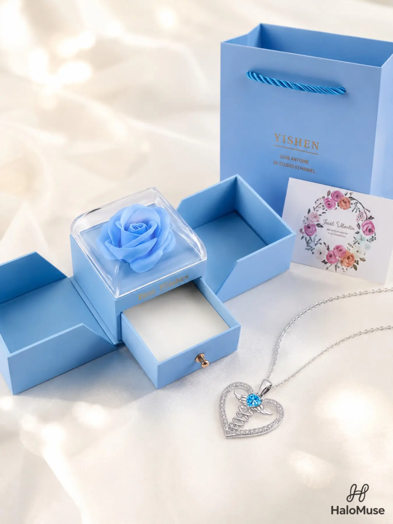 Halo Muse 1 Set Caduceus Heart Nurse Necklace Gift Set, Elegant Silver-Tone Blue Diamond Medical Pendant with Gift Box & Card for Women, RN Nurse Graduation, Nurse Week, Birthday & Appreciation Gift