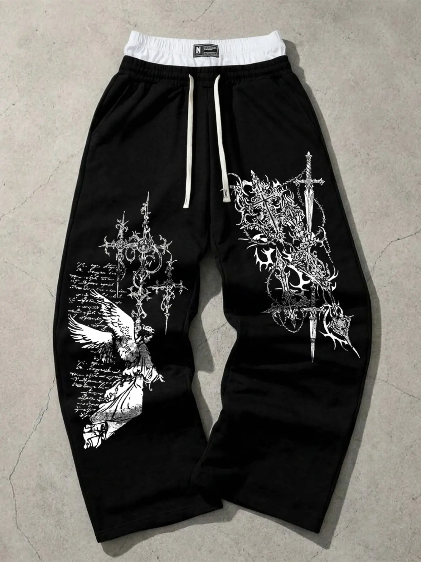 2026 Spring Summer American Wide Leg Pants, Dark Thorn Virgin Mary Angel Print, Fashion Casual Loose Baggy Straight Sweatpants, Daily Wear