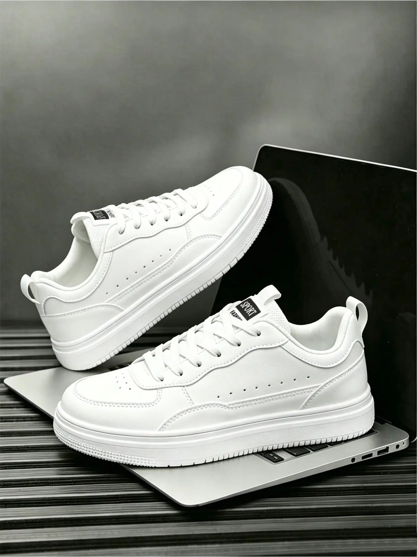 1 Pair Men Solid White Platform Sneakers Minimalist Leather Skate Shoes Soft Non Slip Daily Walking Footwear