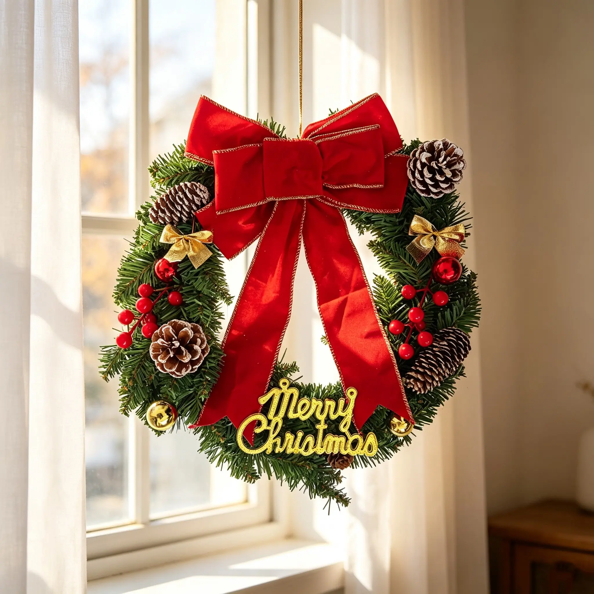 Christmas Wreath with Bow and Pinecones, Artificial Wreath for Christmas Party Decor, Front Door, Fireplace, Window, Wall Decoration