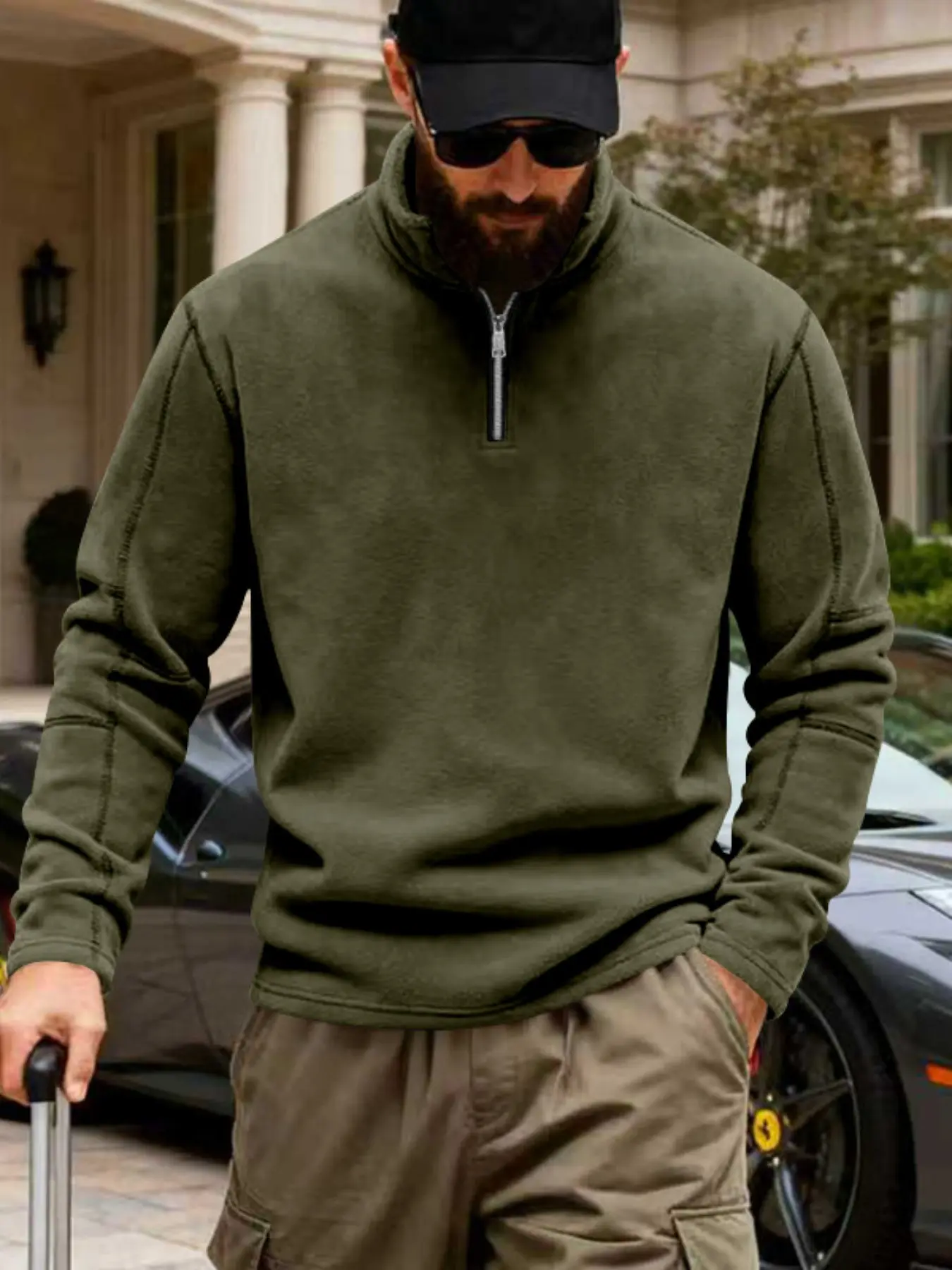 Men's Polar Fleece Half-Zip Windproof Hoodie, Shoulder Padded Construction, Thickened Fleece Long Sleeve Jacket for Fall Winter Outdoor Activities