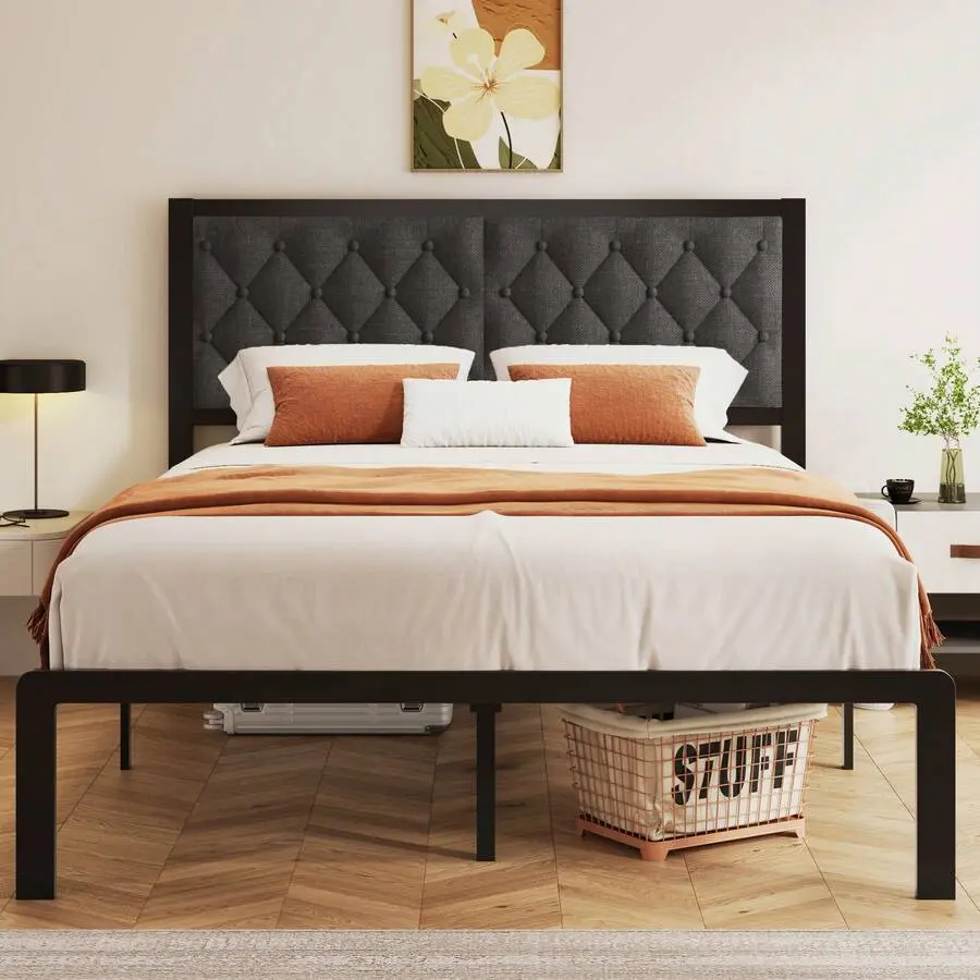 Queen/King/Full/Twin Bed Frame With Tufted Headboard Metal Platform Bed Frame With Under-Bed Storage,All Metal Support System,No Box Spring Needed,Noise-Free,Easy Assembly,Grey