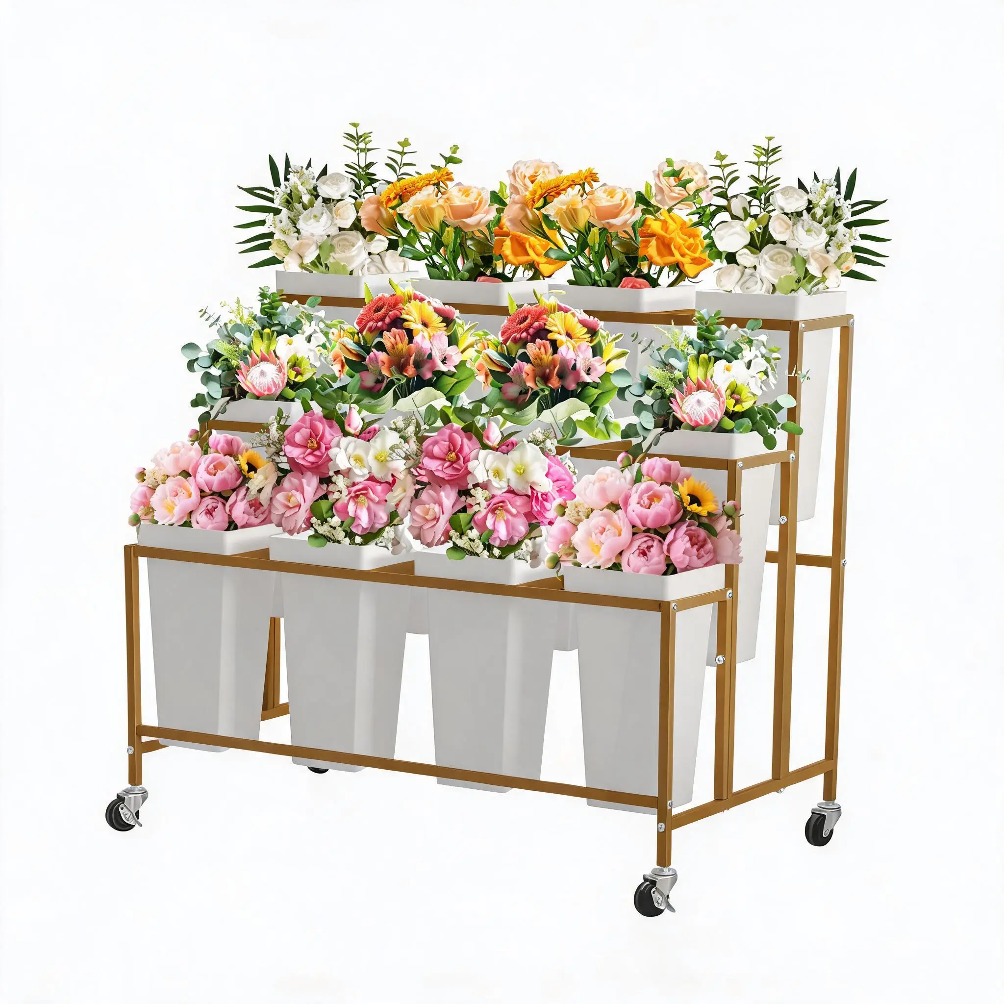 Flower Display Stand with 12 Buckets, 3 Tier Mobile Flower Cart with Wheels, Metal Moving Flower Bar, Outdoor Plant Stand for Garden Wedding