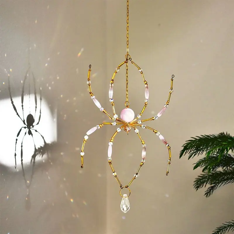 1pc Handmade Beaded Spider Sun Catcher, Pink Crystal Spider, Suitable for Hanging in Windows or Gardens. An Ideal Home Decor Piece for Indoor/outdoor Backyards, Ceilings, and Rooms. Perfect as a Halloween Gift
