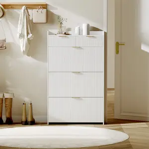 Messy entryway piled with random shoes? | Modern Fluted Shoe Bench with 3 Flip Drawers & Side Hooks | Slim Space-Saving Storage for Entry Apartment Hallway