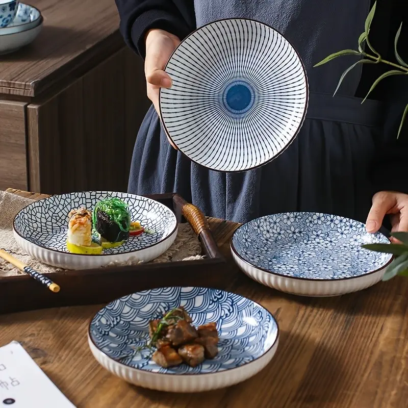 4pcs Round Ceramic Plates Suitable for Serving Pasta, Salad, Bread & Desserts - Blue and White Shallow Plates for Holiday Dining Table Settings, Bread & Snack Serving, Easy to Clean, for Christmas, Easter, Thanksgiving Gatherings