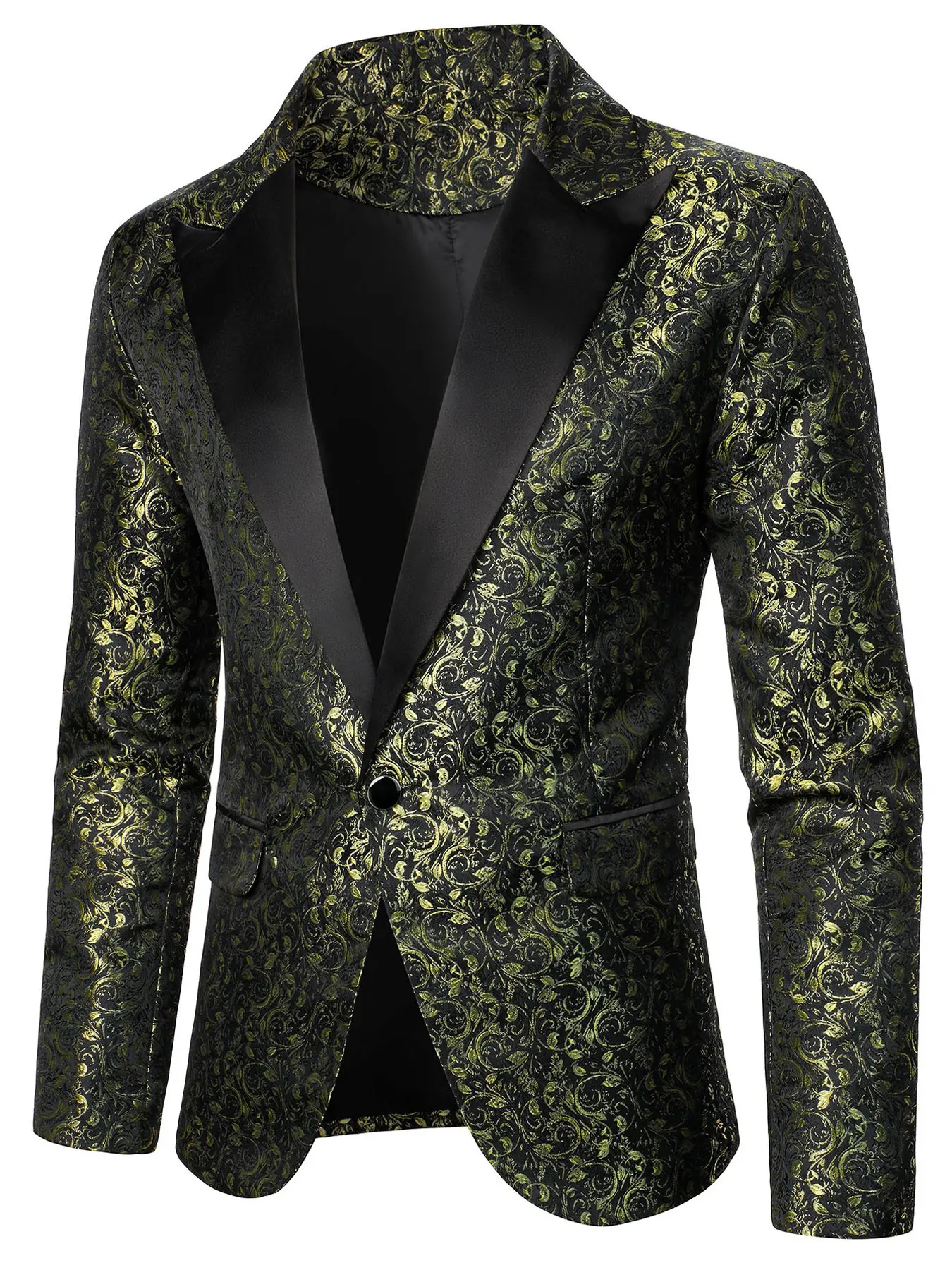 Men’s Black Gold Jacquard Tuxedo Blazer, Satin Lapel Slim Fit Formal Suit Jacket, Fashionable Comfortable Design, Ideal for Formal Occasions