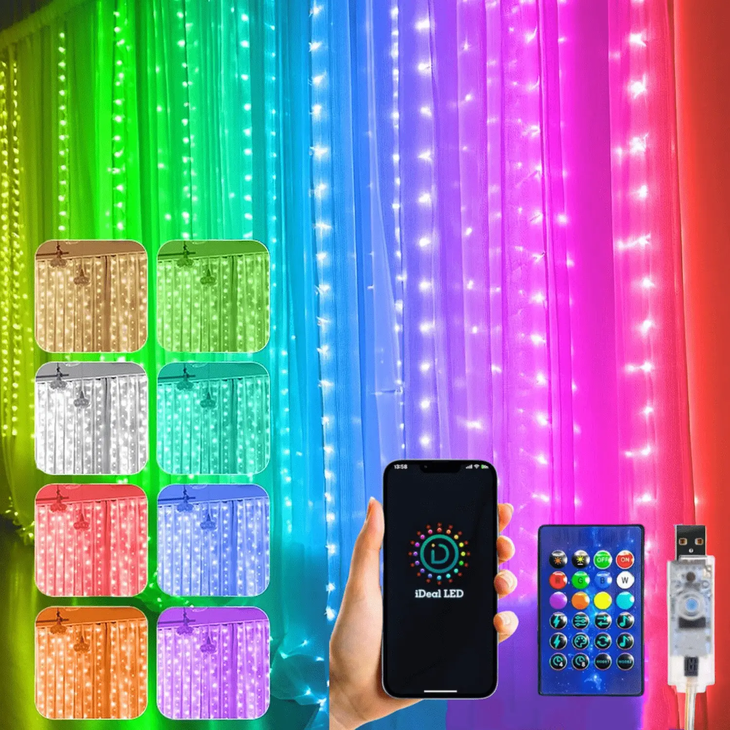 Smart APP Curtain Light, Hanging Lights, 9.8ft X 9.8ft, 300 LED Lights, USB APP Control, Music Sync, Multiple Modes, Ideal for Bedroom, Halloween, Christmas, Wedding, Party