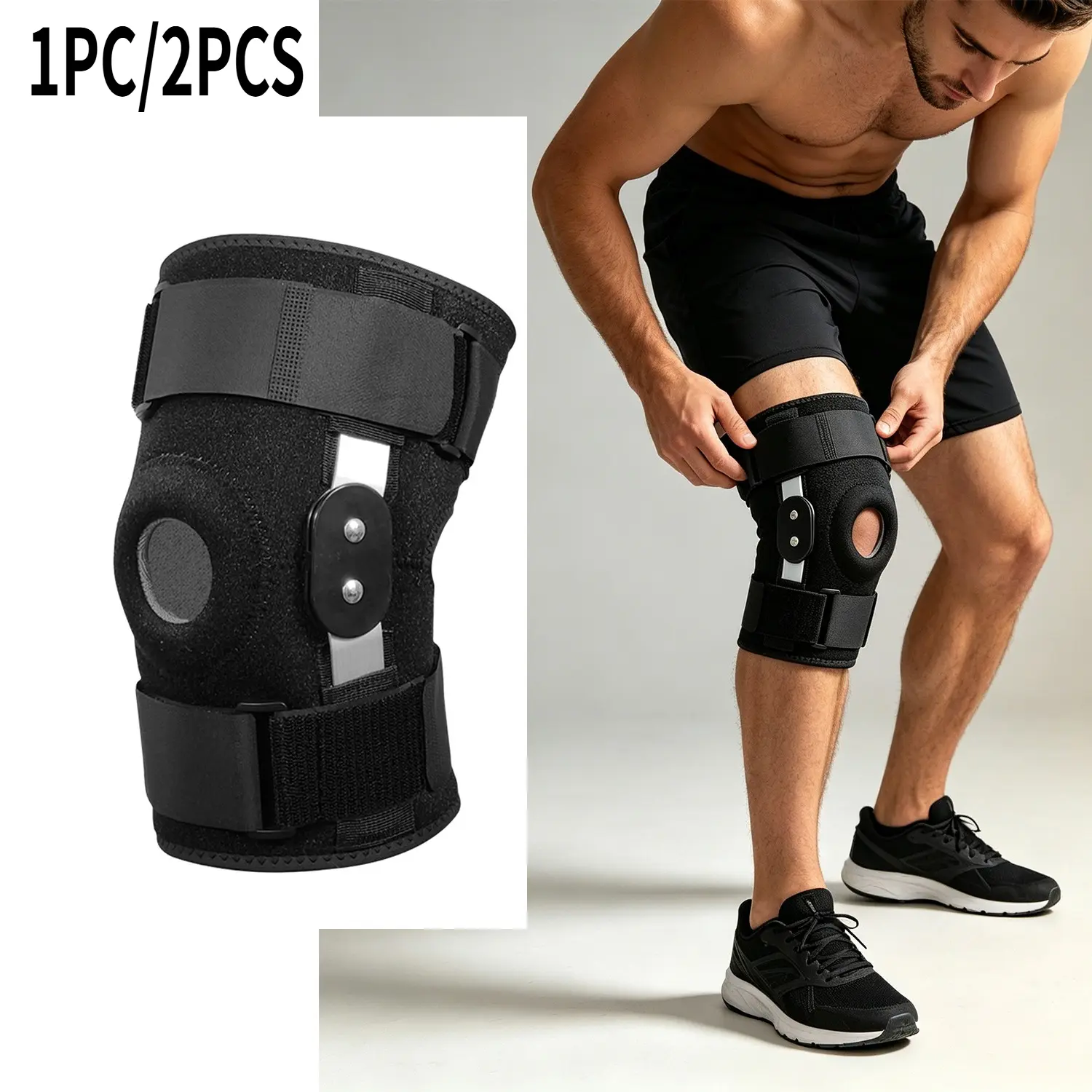 1PC/2PCS Hinged Knee Brace Support with Detachable Aluminum Plates, Open Patella Silicone Cushion Knee Sleeve, Adjustable Neoprene Knee Stabilizer for Sports Running Basketball Hiking Joint Support