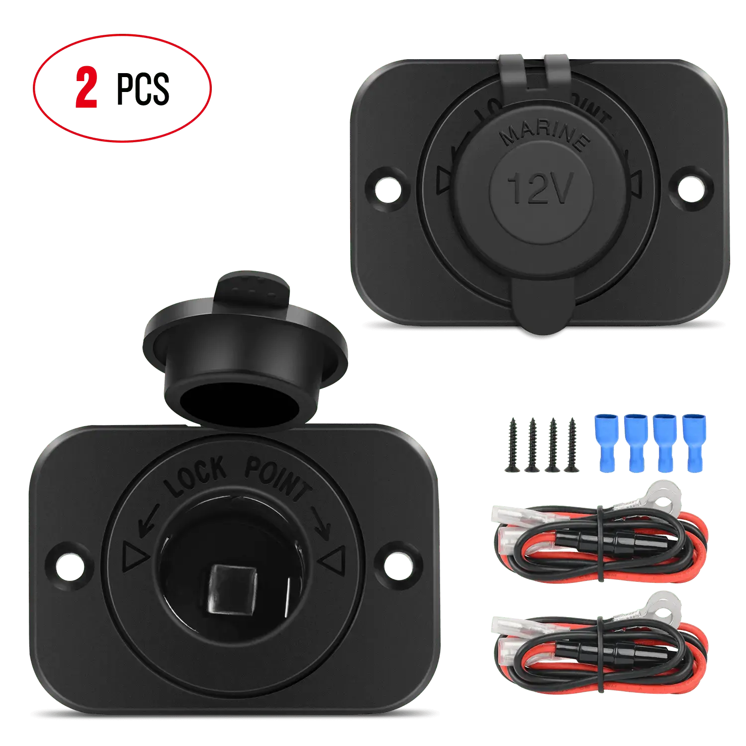 Nilight 2Pcs 12V-24V High Power Socket Kit, Waterproof Dustproof Cigarette Lighter Outlet Receptacle with Cover, 2 Black/Red 18AWG Wires, 10A Fuse, 4 Screws, 4 Insulated Terminals, Plastic Build, Over-Heat Protection for Car, Boat, Marine Use