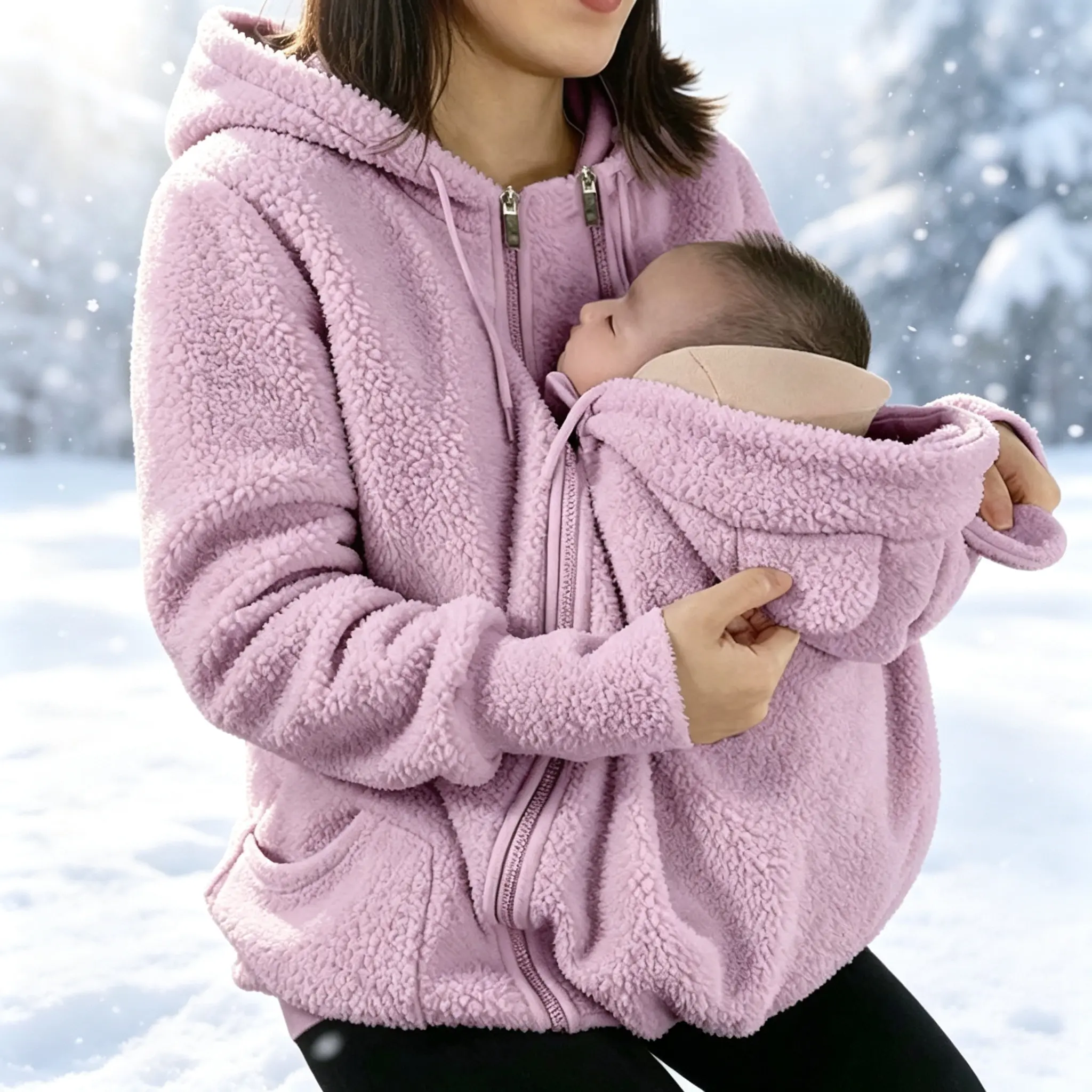 Women Fuzzy Fleece Hoodie Carrier Pouch Zip Up Hooded Warm Winter Jacket
