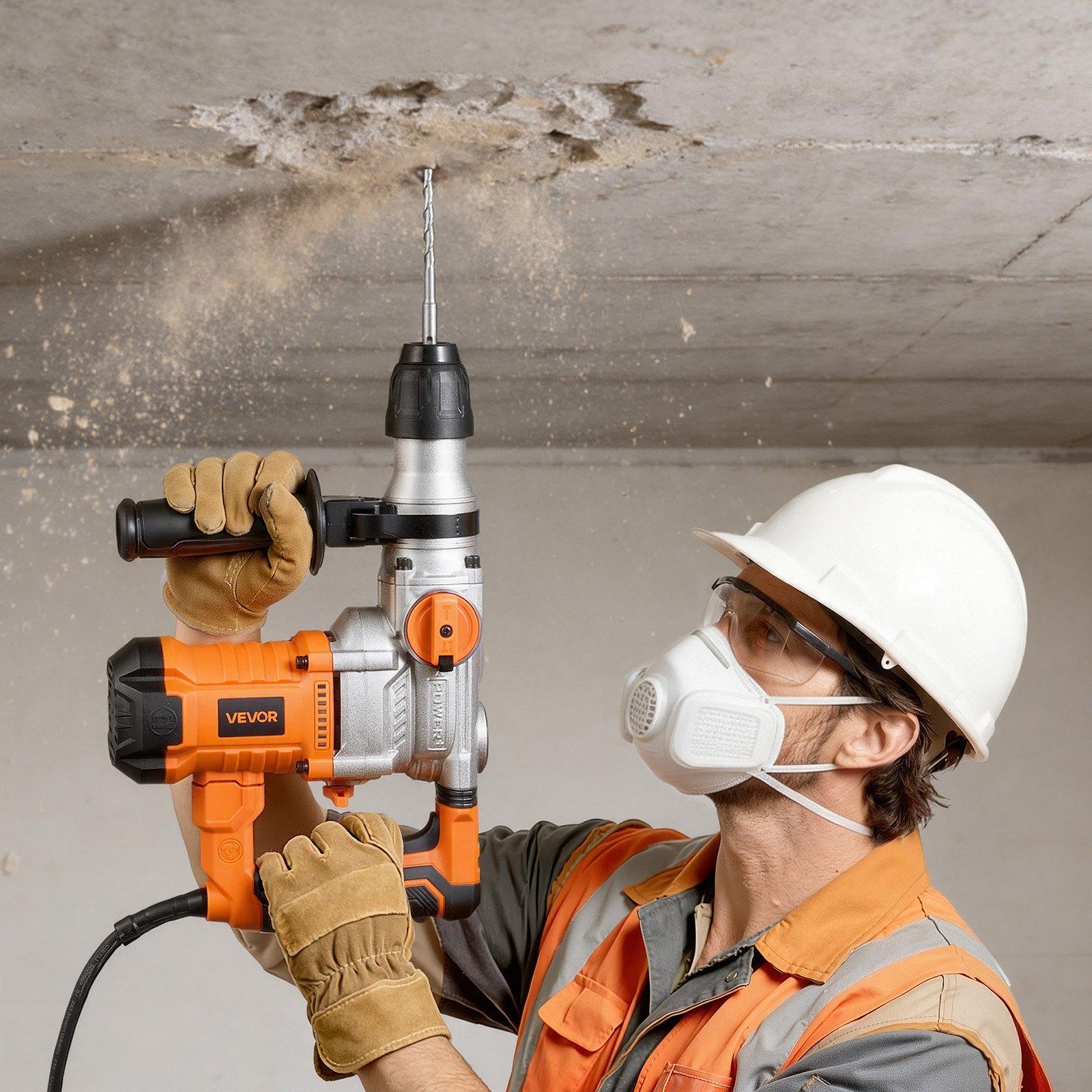 VEVOR Rotary Hammer Drill, 1-1/8 in SDS-Plus Electric Corded Heavy Duty Rotary Hammer, Including 3 Drill Bits, Flat Chisel, Pointed Chisel, Grease, Brush, and Carrying Case, for Concrete and Masonry