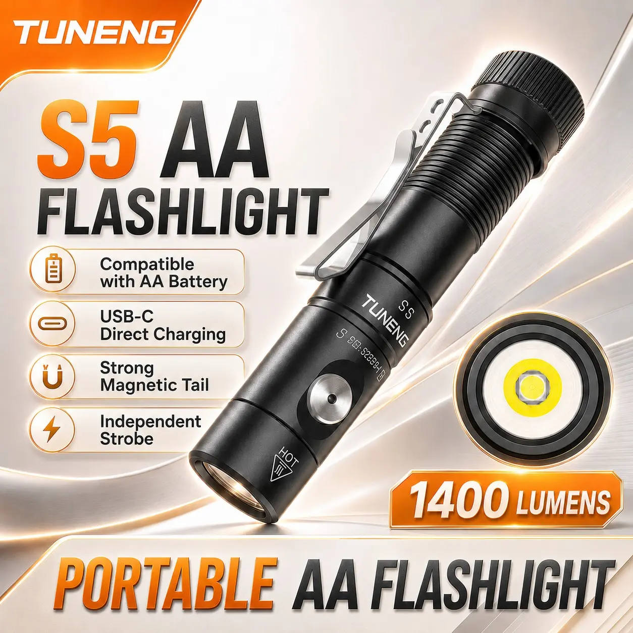 S5 Portable Edc Aa Flashlight, Compact and Lightweight Design, Ideal for Emergency Use, Durable Construction, Easy-To-Use Controls