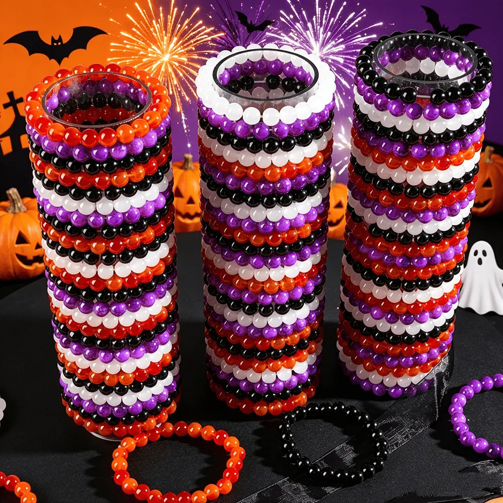 22Pcs Halloween Theme Stackable Glass Bead Bracelet, Classic Purple Orange Black White Stretchy Elastic Bracelet for Women Men Girls, for halloween Costume Jewelry Additions for Halloween Party Favors Holiday Gift Daily Wear