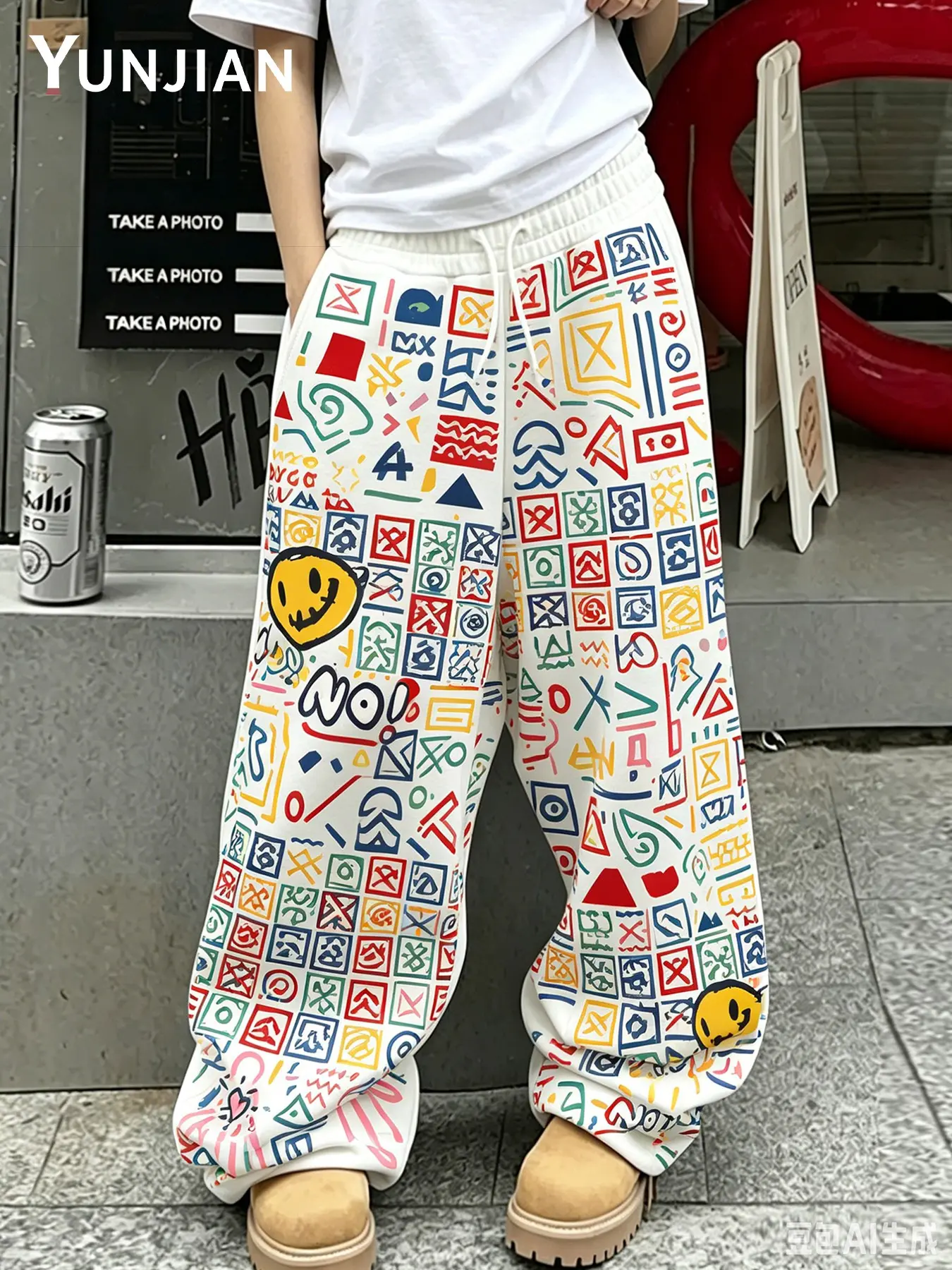 Unisex Graffiti Loose Fit Sweatpants, Cartoon Hand-Drawn Print, Elastic Waist, Casual Streetwear, Long Pants for All Seasons