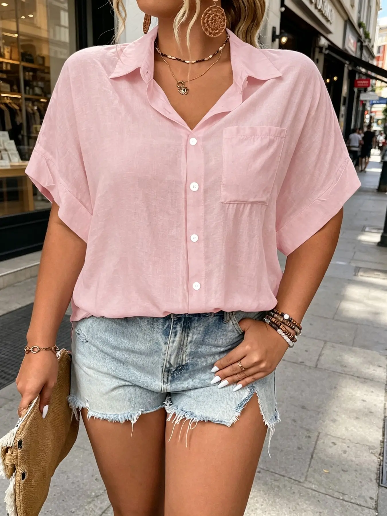 Women's Casual Loose Fit Short Sleeve Shirt Blouse, Breathable Lightweight Open Front Top, Single Pocket, Summer Commute Vacation Street Style, Basic