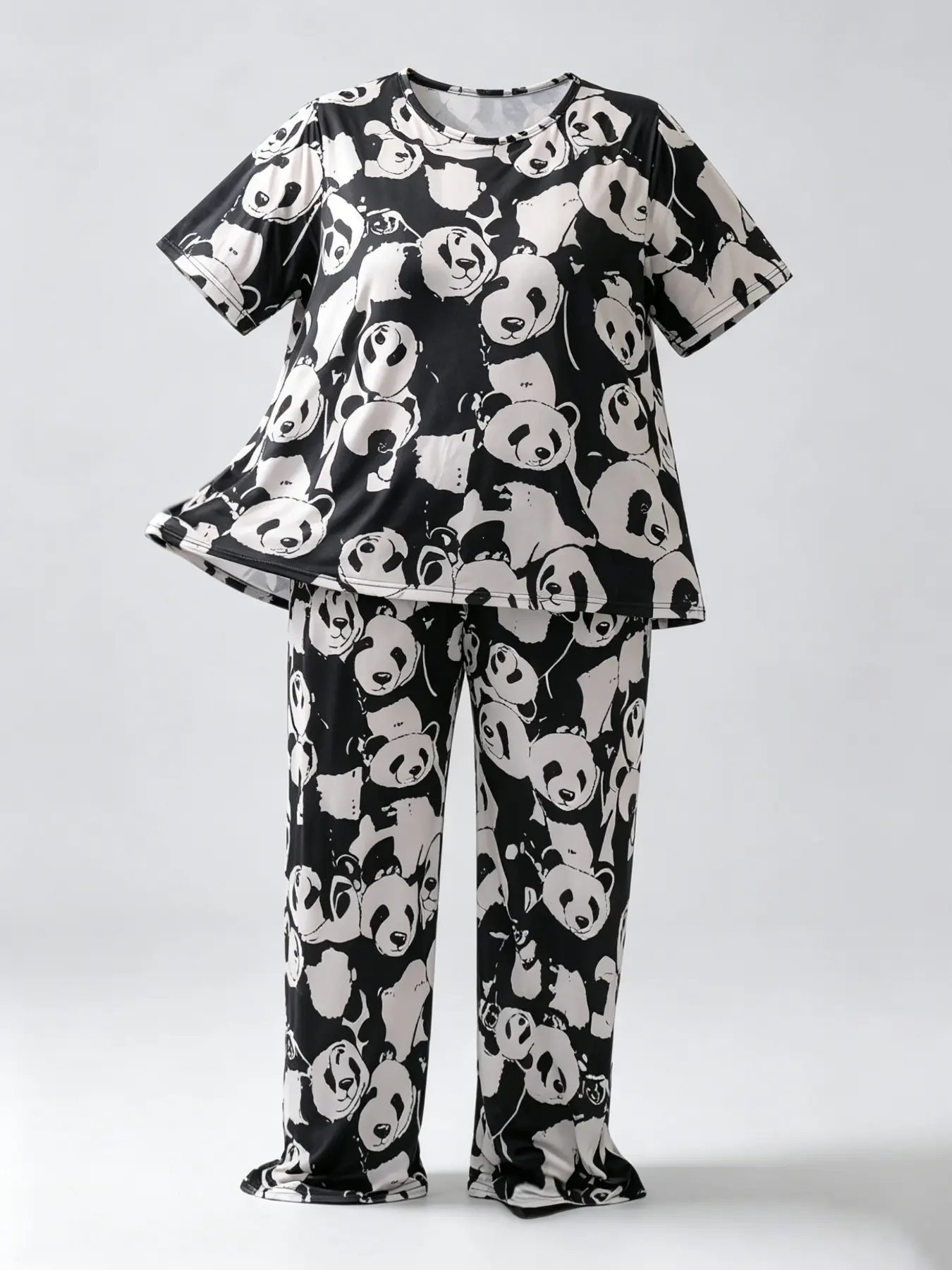 Women's Plus Size 2-Piece Pajama Set, Cute Panda Print, Short Sleeve Long Pants, Casual Loose-Fitting, All Seasons Home Wear Loungewear