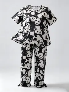 Women's Plus Size 2-Piece Pajama Set, Cute Panda Print, Short Sleeve Long Pants, Casual Loose-Fitting, All Seasons Home Wear