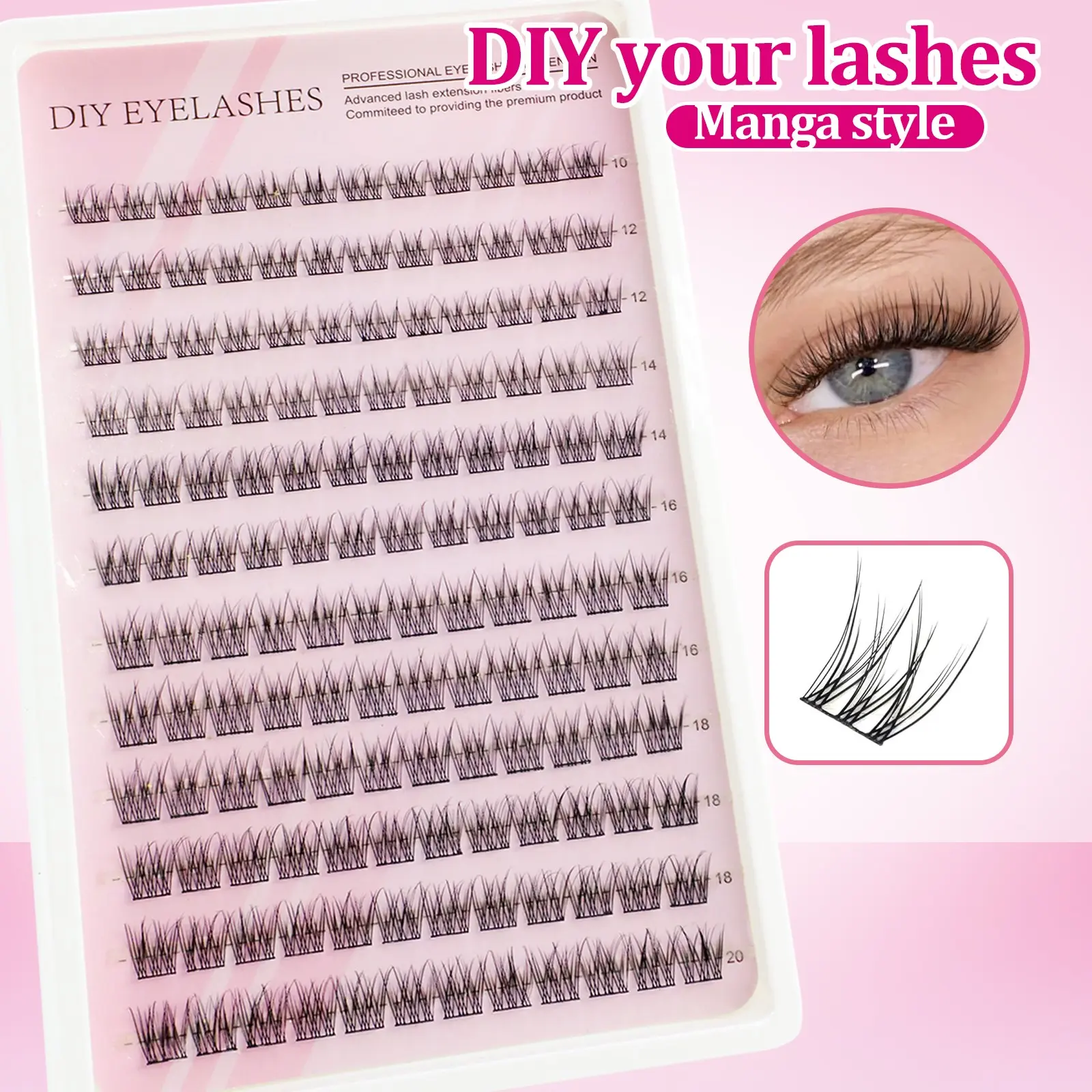 Natural Lash Clusters, C-shaped Curly Lashes, Cluster False Eyelashes, DIY eyelash extension set, 10-20mm, suitable for all eye types, soft and comfortable, daily stage makeup, reusable