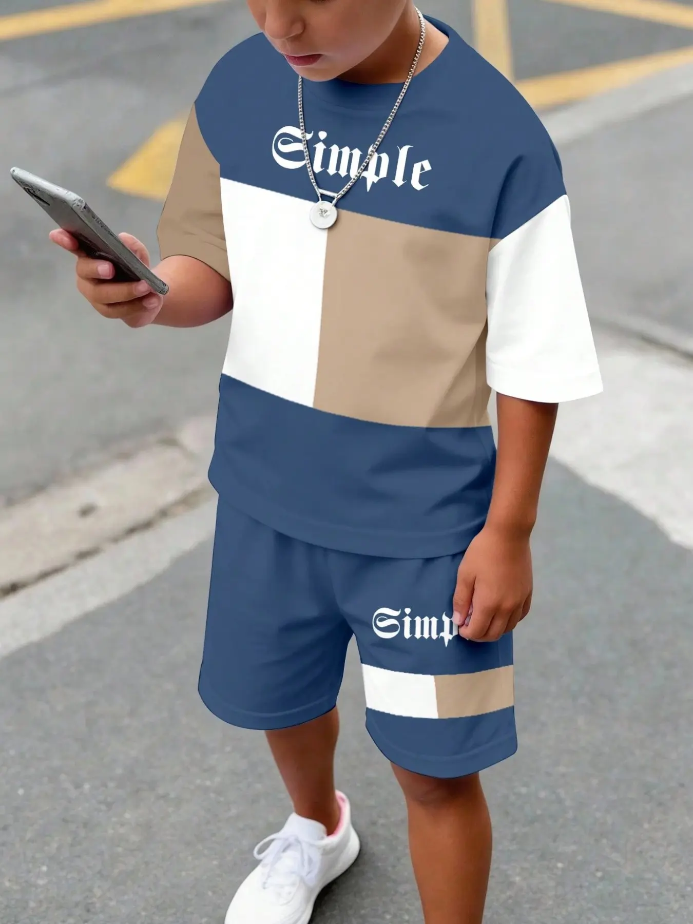 Boys' Summer Two-Piece Set, Colorblock Striped Print Short Sleeve T-Shirt and Shorts, Breathable Casual Streetwear, 5 Colors Available
