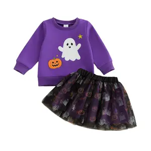 Toddler Baby Little Girl Halloween Outfit Ghost Pumpkin Embroidery Long Sleeve Sweatshirt with Tulle Mini A Line Skirt Set 6M-5T