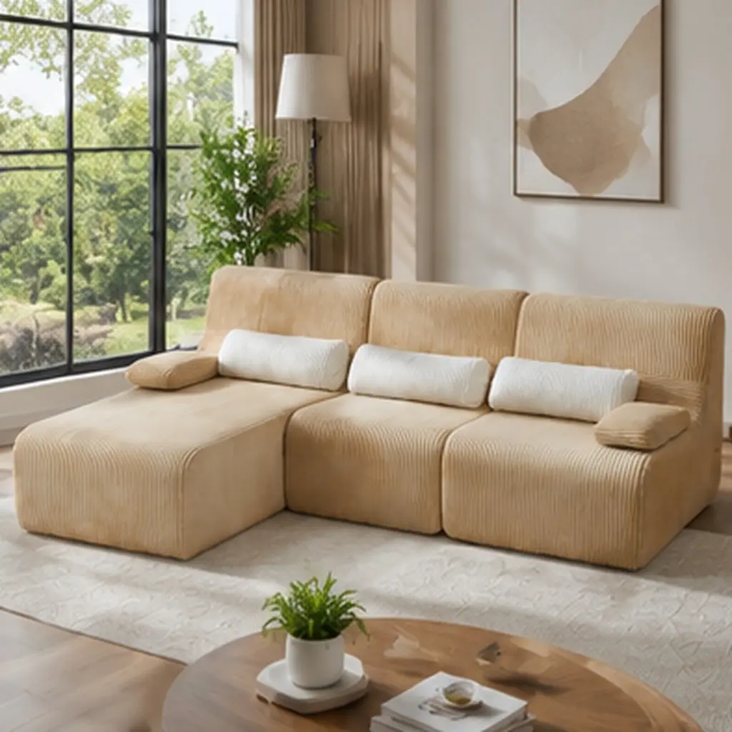 ARCH Modern Sectional Sofa 98" L-Shaped Couch Boneless Cozy Sofa for Living Room, Corduroy Upholstery, Foam Filled, Multiple Color Options, 3-Seat Modular Design, American Style, Easy Assembly, Beige/Blue/Coffee/Green Color Options