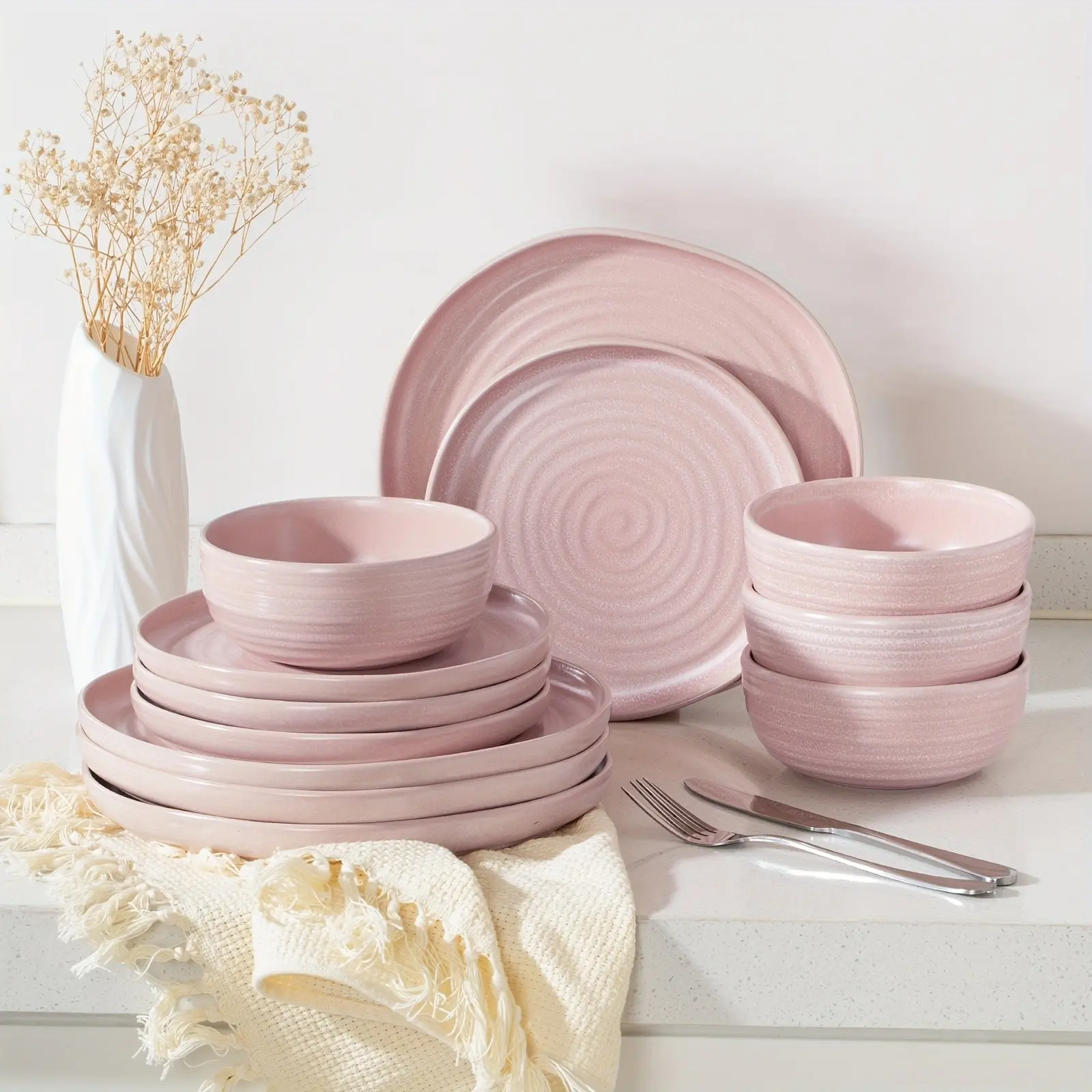 12pcs Plates and Bowls Set, Reactive Glaze Stoneware Dinner Set, Dishwasher & Microwave Safe, Elegant & Durable Dinnerware Sets, Service for 4