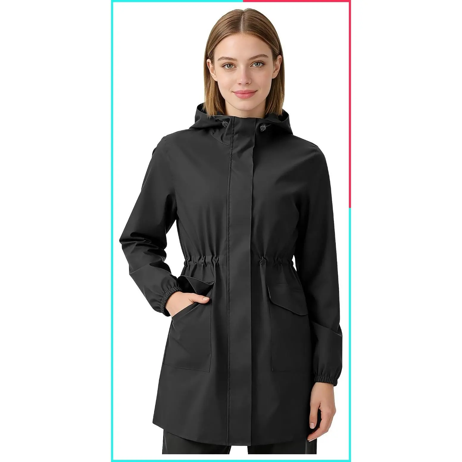 Women's Waterproof Long Rain Jacket Lightweight Hooded Windbreaker Packable Trench Coat with Drawstring Waist and 2 Zippered Pockets for Travel Hiking Daily Wear