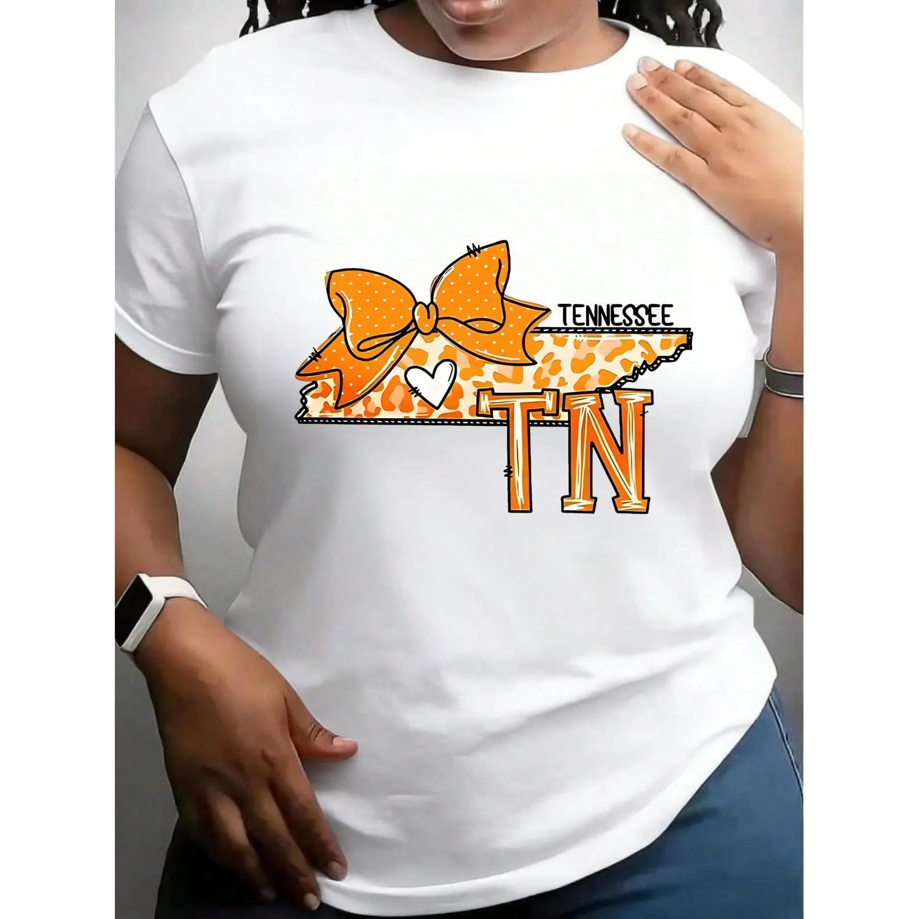 Women's Regular Fit Soft Cotton Short-Sleeve Tennessee State Map T-Shirt - Halloween Sports Clothes, Orange Bow, Leopard Print, All Over Print, Tennessee Fan Souvenir Gift, Normal Type Fabric Top, Machine Wash, Do Not Dry Clean, Wash with Soft Detergent