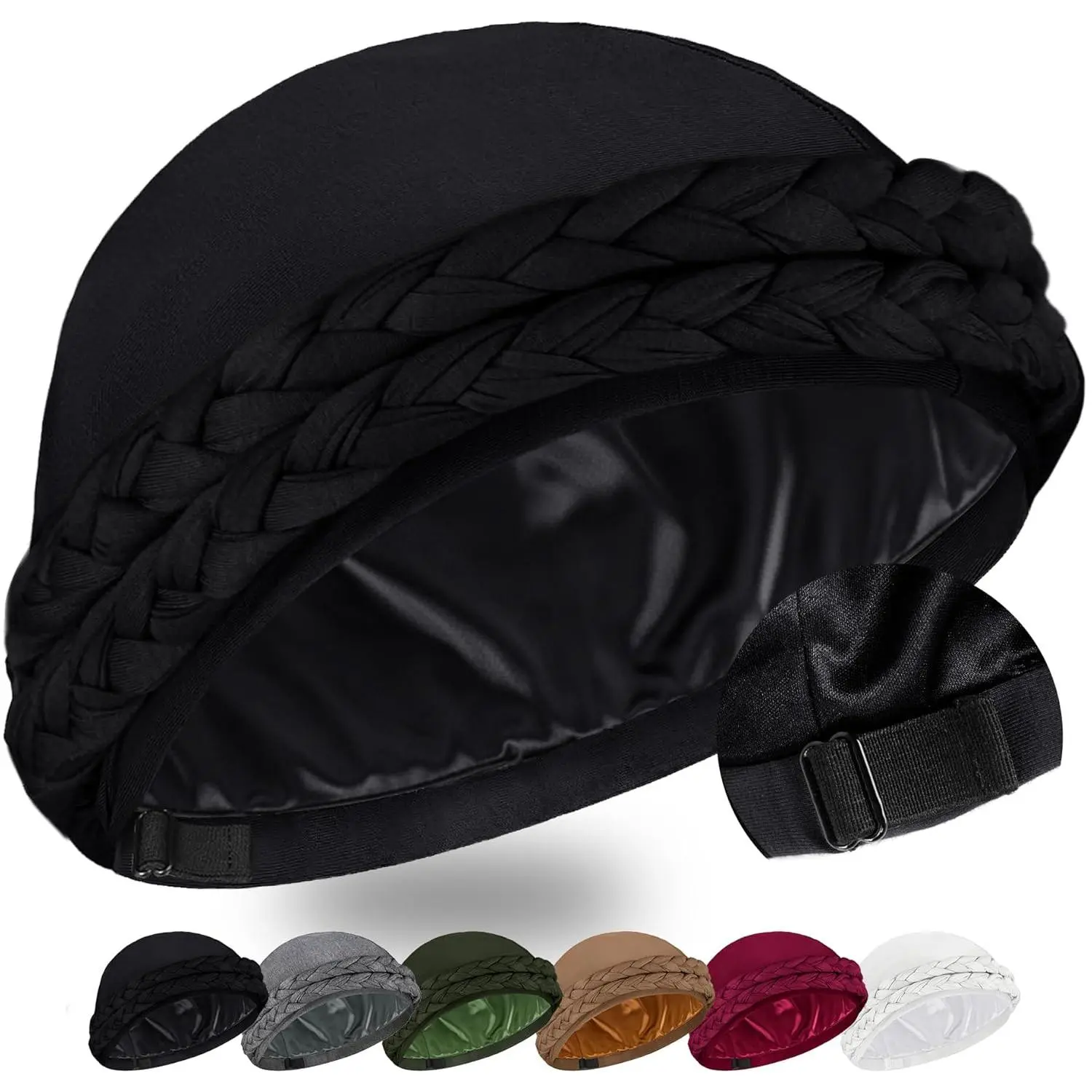 Baby Boy Hair Bonnet - Pre-Tied Handmade Satin-Lined Skull Cap Turban Durag with Braids Tail, 1-Size for Sleeping, Black