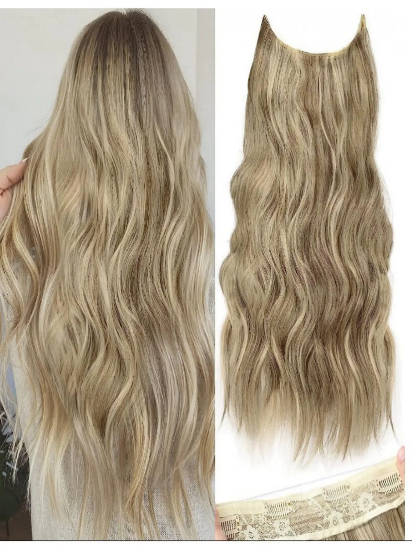 Women's Halo Wig with 4 Clips, Wavy Long Wig, Invisible Fishline Fiber, Heat-Resistant Synthetic Material, Perfect for Parties and Cosplay