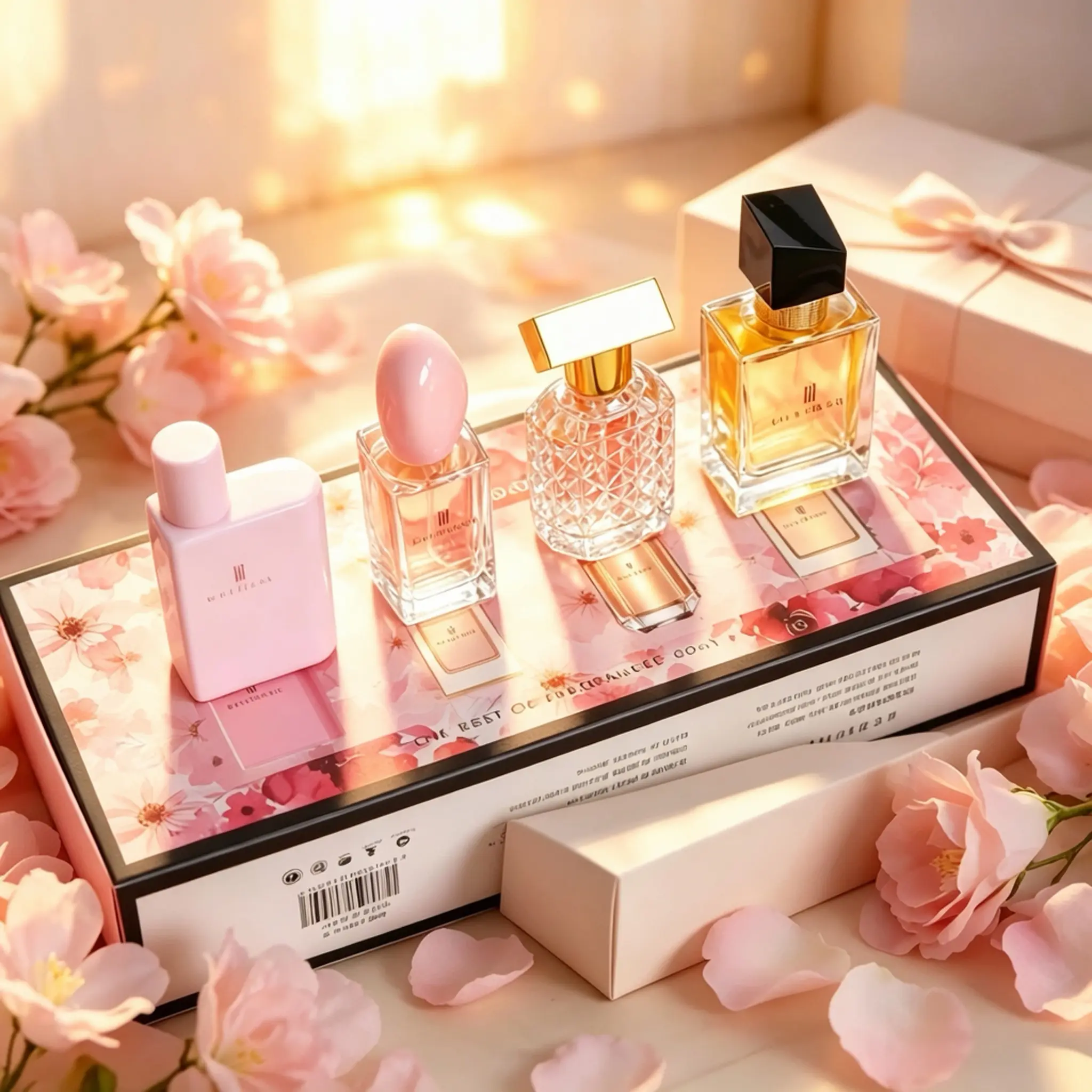 Elegant Perfume Collection - 4-Piece Set with Pink, Gold, and Clear Bottles - Perfect for Gifting and Personal Use - Floral Design Box