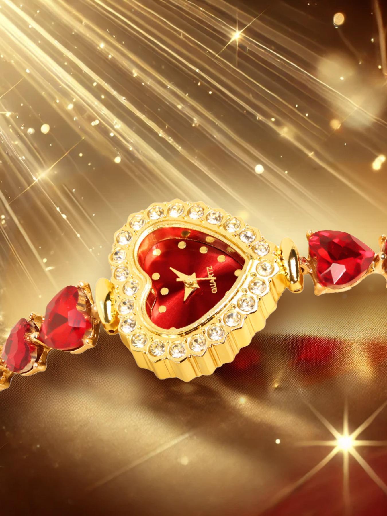 Women's Elegant Love Heart Shaped Quartz Watch & Fashionable Jewelry Set, Including Rose Gold Watch & Box & Necklace & Ring & Earrings, Fashion Watch Set for Women As Gift