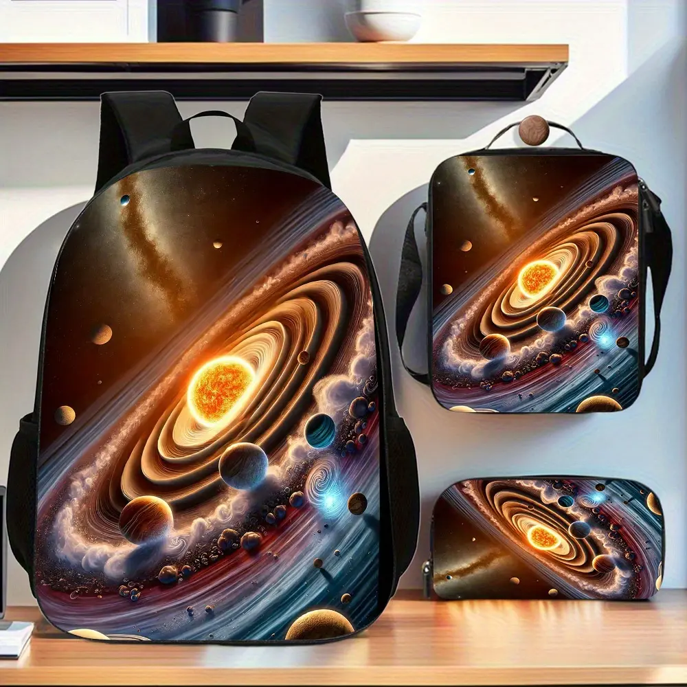 Solar system 3pcs/ set Trendy Backpack, Includes Large Capacity Book Bag & Handbag & Pen Case, Suitable for Travel, Business, Commuting, School, etc