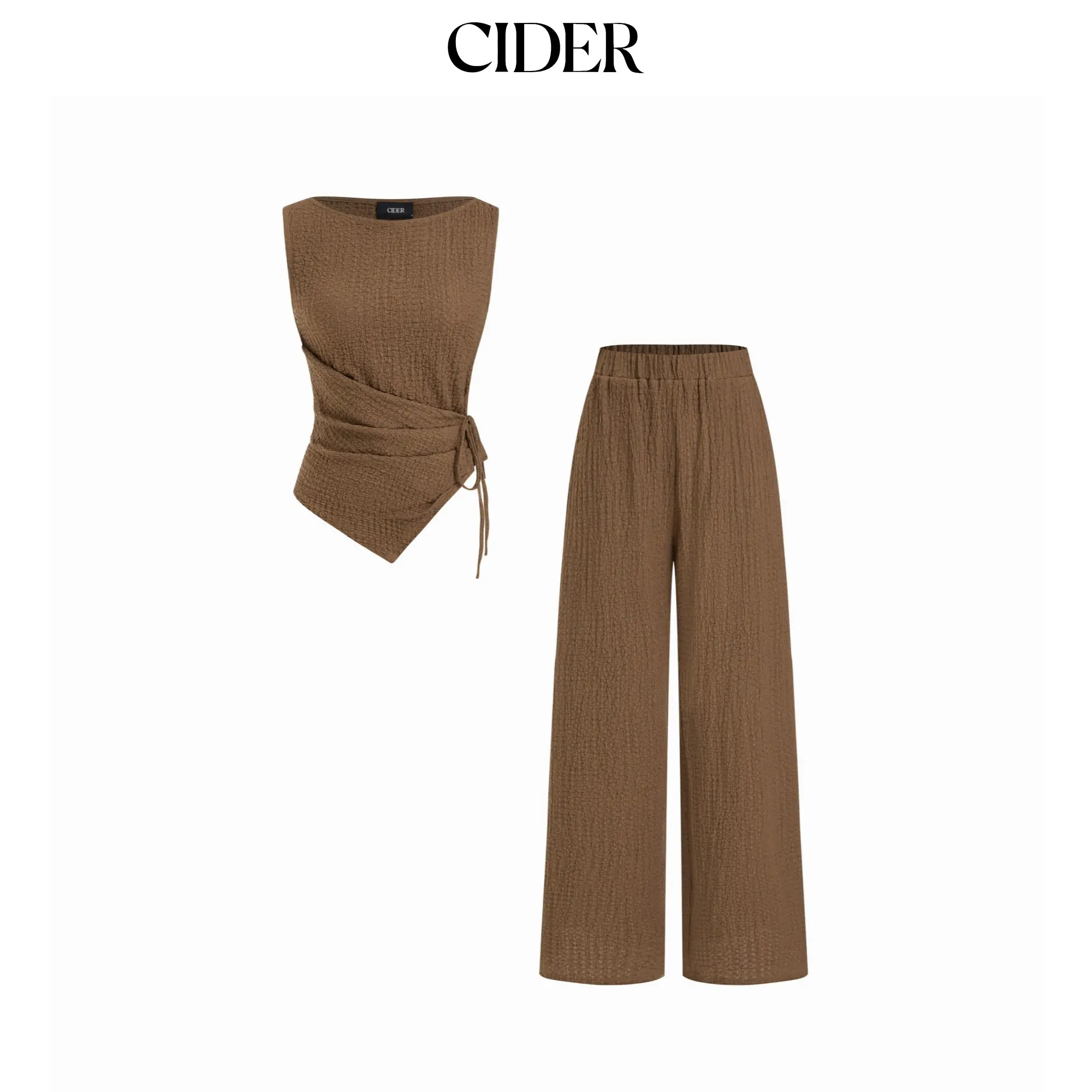 Cider Texture Boat Neck Asymmetrical Hem Top & Mid Rise Straight Leg Trousers Set