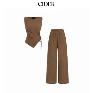 Cider Texture Boat Neck Asymmetrical Hem Top & Mid Rise Straight Leg Trousers Set