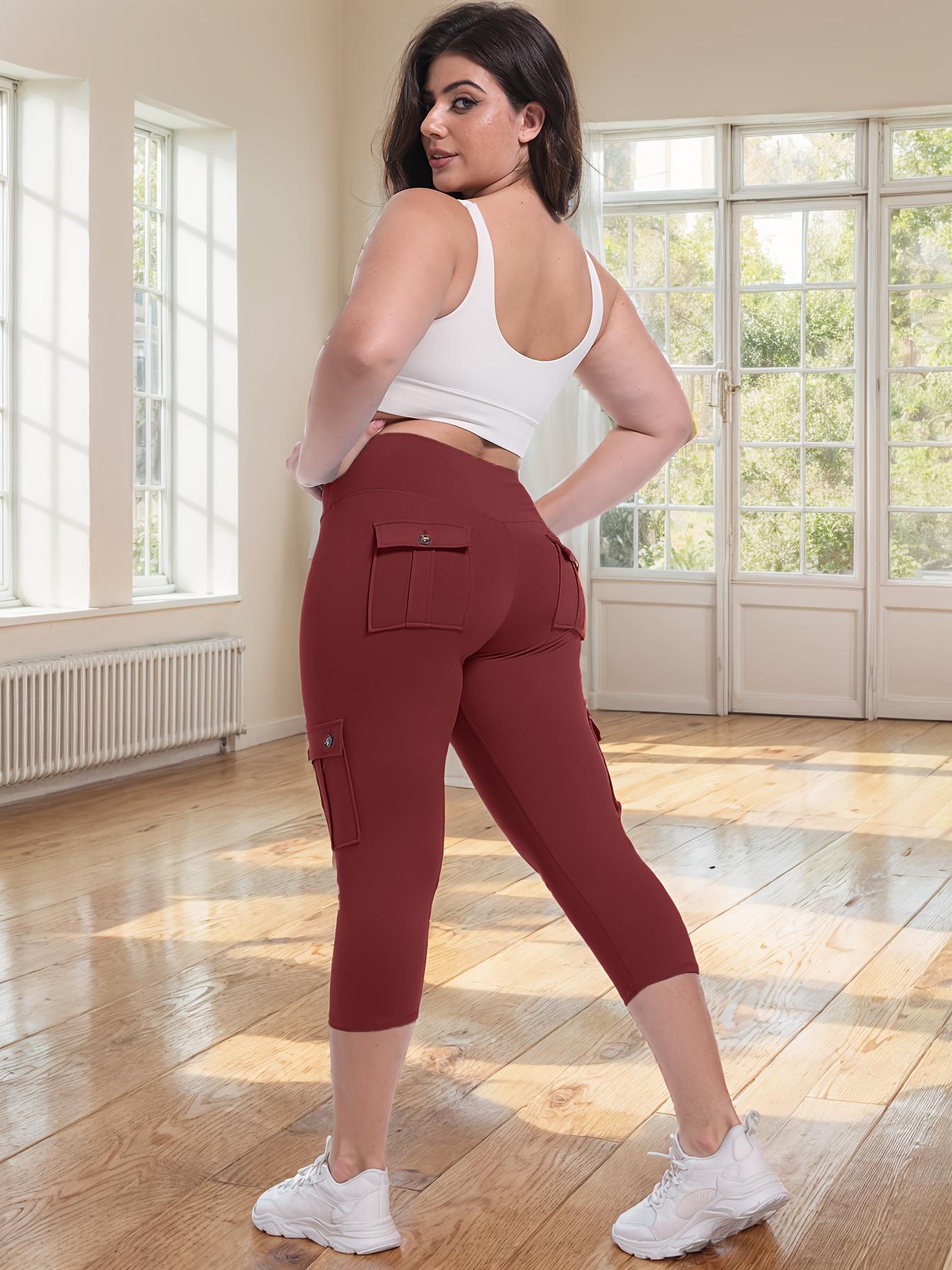 [2pcs High Waist Yoga Pants] JEGGE 2pcs High Waist Yoga Capri Pants Set, 4-Way Stretch Butt Lifting Tummy Control, Spandex Material, 4 Button Pockets, Solid Color, Three-Quarter Length, Sports Style for Workout Running, Spring/Summer Collection, Workout L