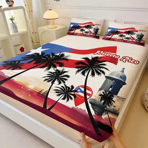 Puerto Rico Flag Palm Tree El Morro Lighthouse Fitted Sheet Set, 1 Fitted Sheet + 2 Pillowcases - 3 Piece, Soft Microfiber Deep Pocket Design, Patriotic Island Style Bedroom Decoration, Gift for Puerto Rico Natives & Culture Enthusiasts