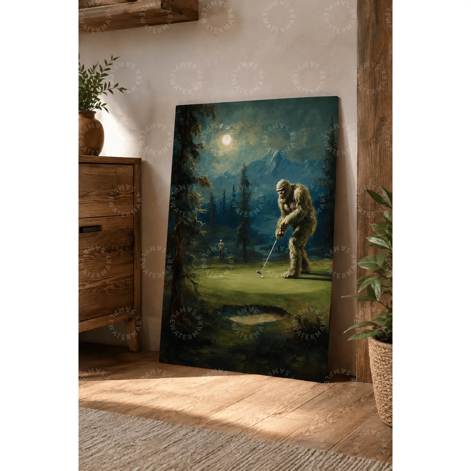 Moonlit Bigfoot Golf Canvas Poster, Sasquatch Forest Wall Decor, Funny Aesthetic Poster, Bedroom Wall Art, Living Room Decor, Office Wall Art, Man Cave Decor, Cabin Gift, Teen Room Decor